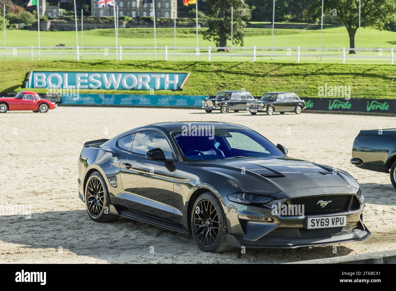 Chester, Cheshire, England, September 29th 2023. Grey Ford Mustang GT at Bolesworth Castle display, automotive commerce editorial illustration. Stock Photo