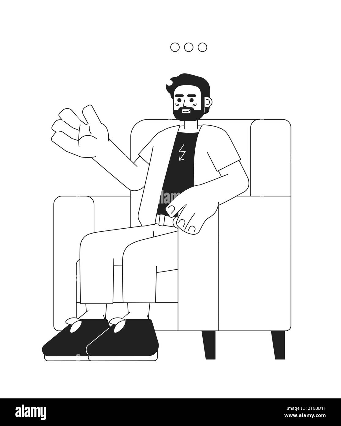 Armchair caucasian male therapy client black and white 2D cartoon