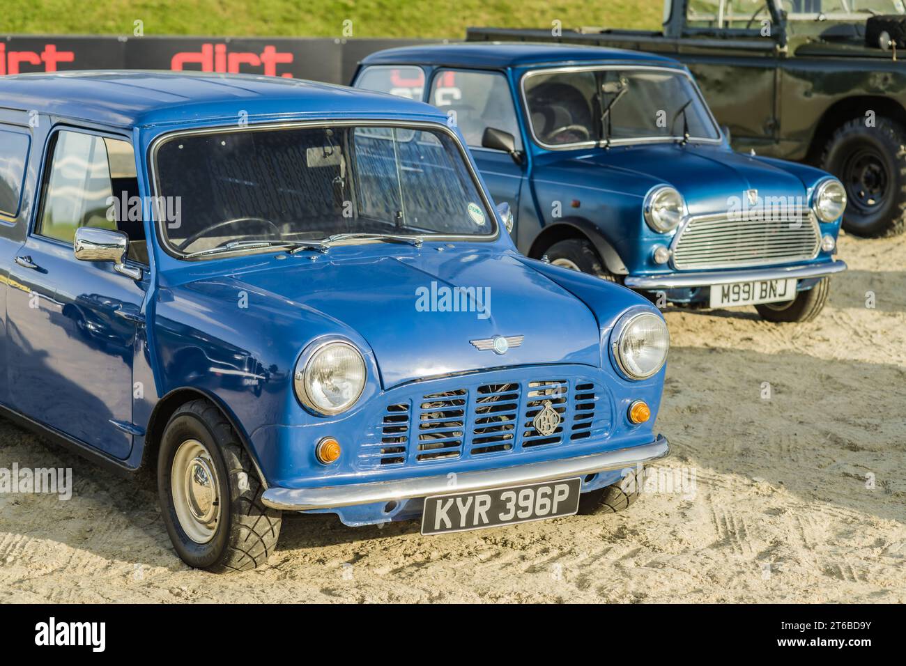 Chester, Cheshire, England, September 29th 2023. Two blue Austin Mini Coopers at a classic car display, automotive lifestyle editorial illustration. Stock Photo