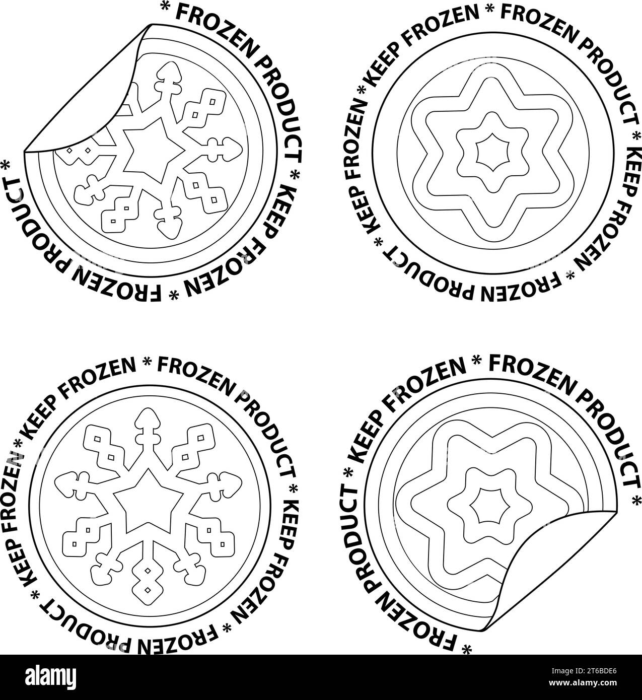 Keep frozen label icons. Frozen food signage. Vector black and white illustration. Stock Vector