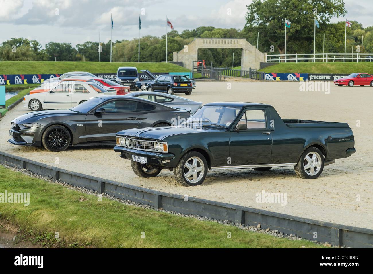 Chester, Cheshire, England, September 29th 2023. Dark green Chevrolet El Camino and grey Ford Mustang GT at a car display. Stock Photo