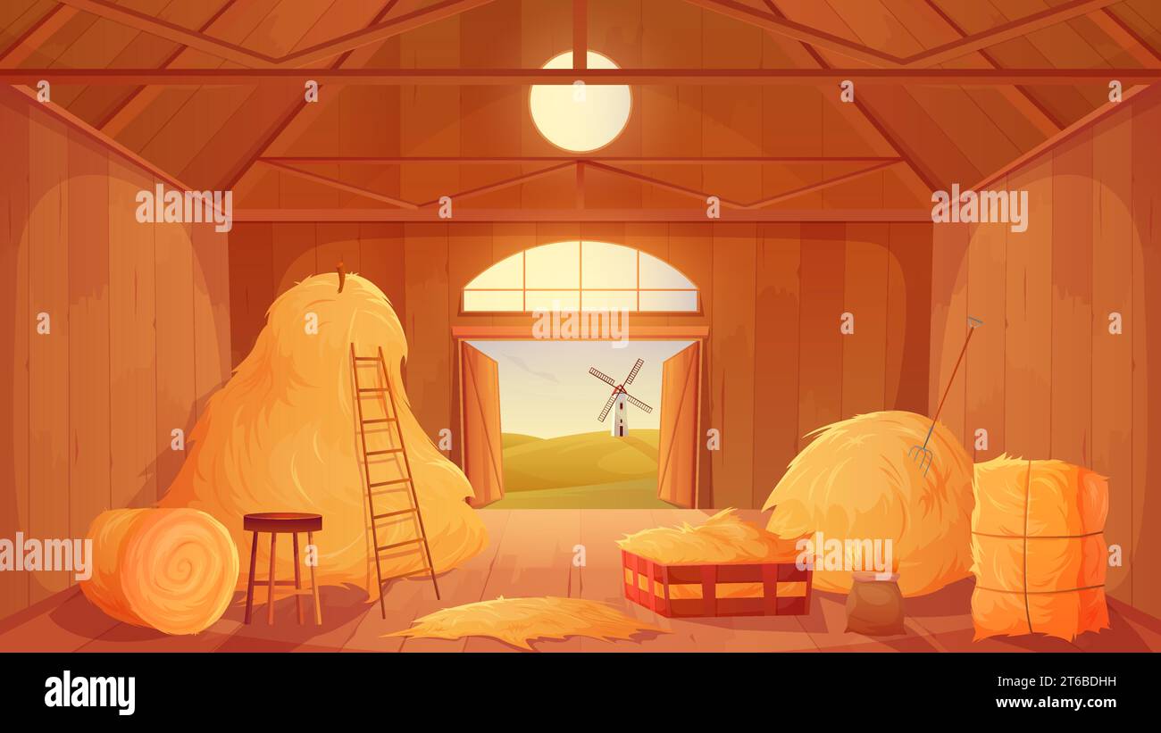Farm barn interior with hay pile, straw and haystacks inside vector illustration. Cartoon indoor view of old wooden ranch house, hayloft with open gate to countryside fields and windmill, tools Stock Vector