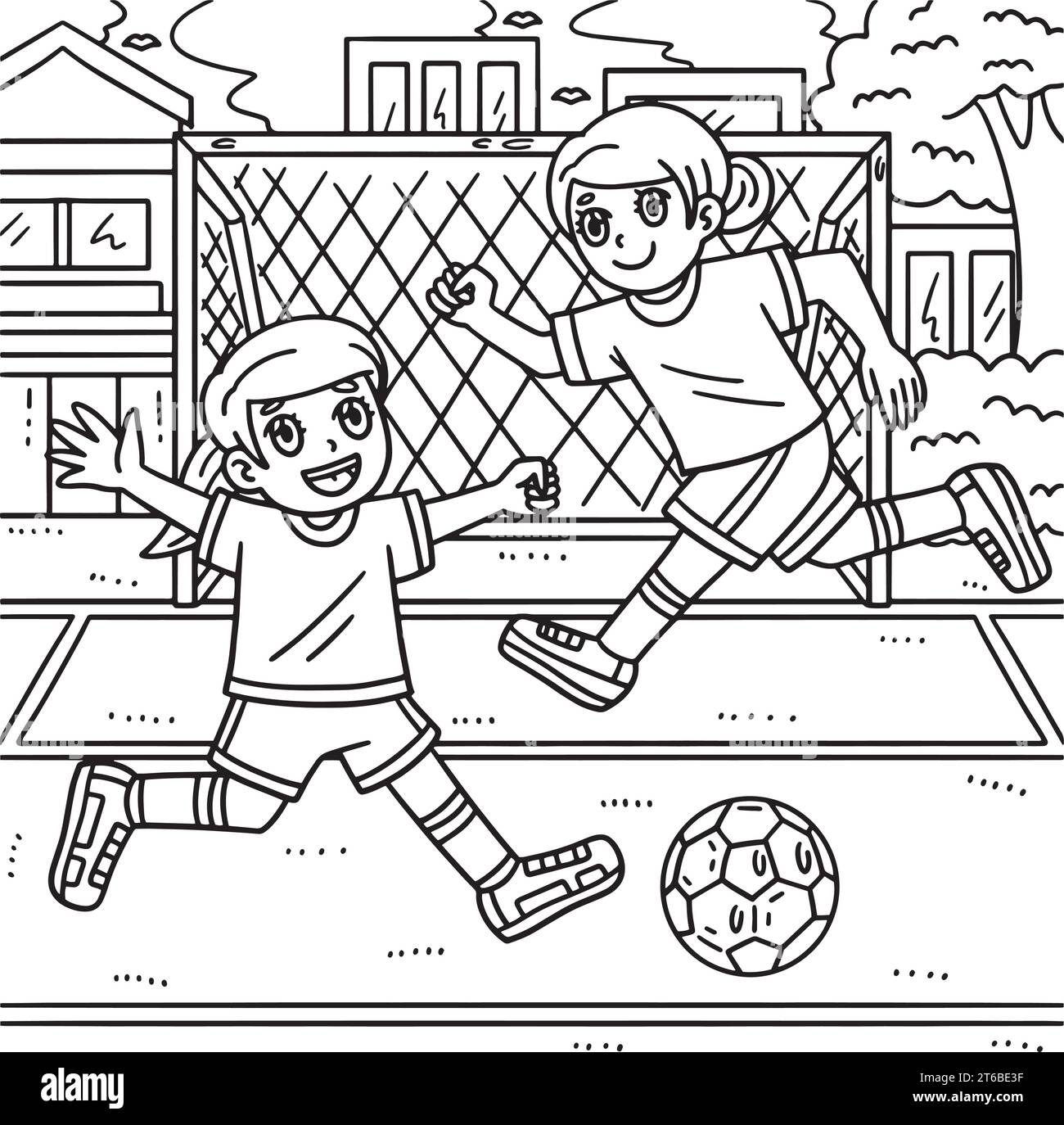 Girls Playing Soccer Coloring Page for Kids Stock Vector