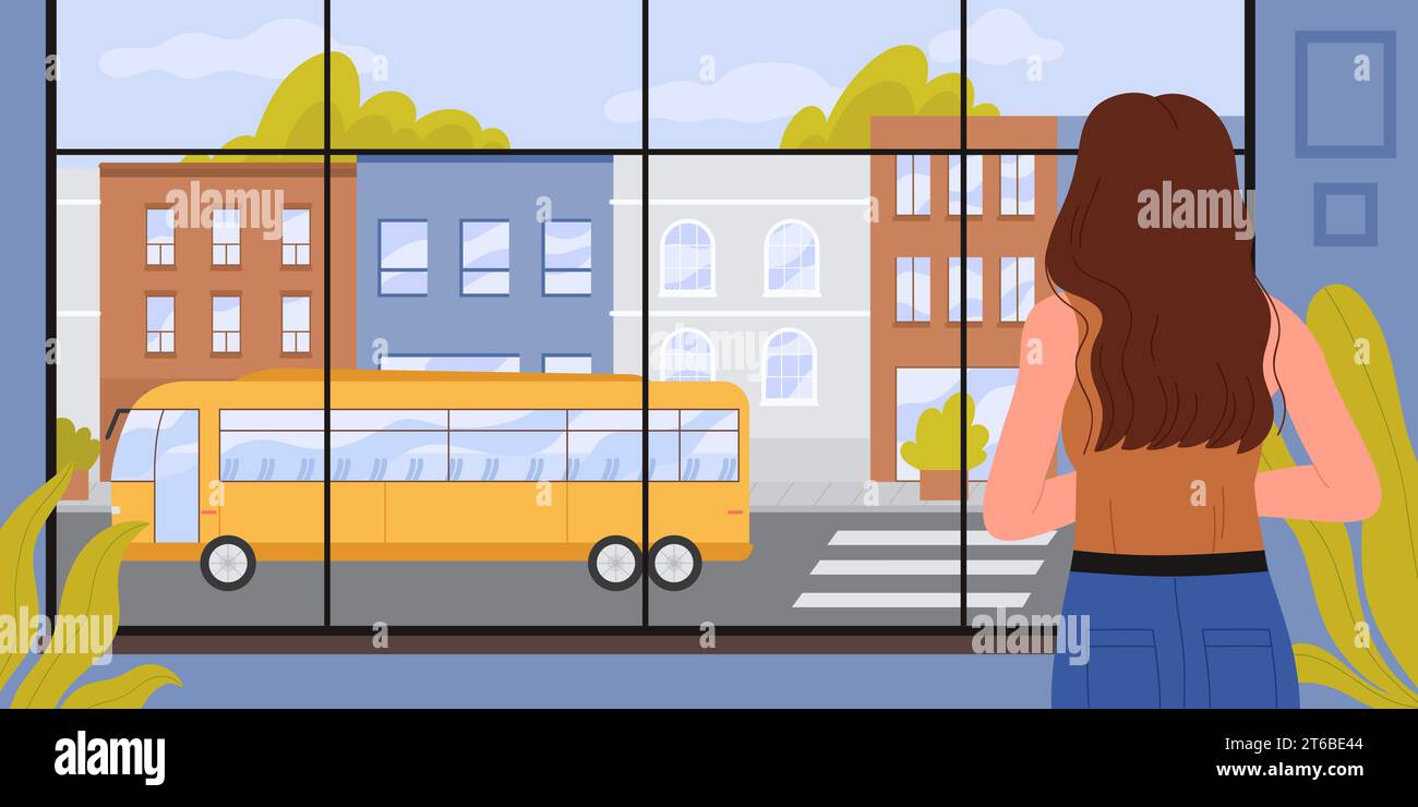 Girl looking at window at bus on city street and thinking vector illustration. Cartoon back view of young woman standing by panoramic window to look outside at old houses and transport, think alone Stock Vector
