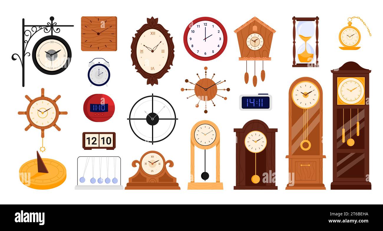 Clocks and watches set vector illustration. Cartoon isolated various types of modern digital and analog clocks collection, different models of timer and hourglass, cuckoo and antique tower with bell Stock Vector