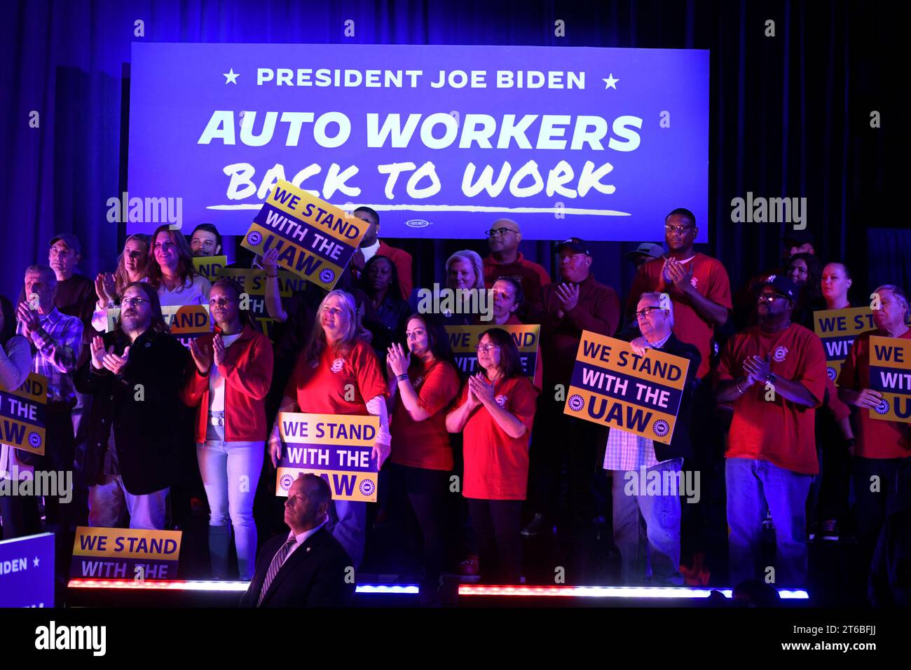 People cheer as President Joe Biden speaks to United Auto Workers at ...