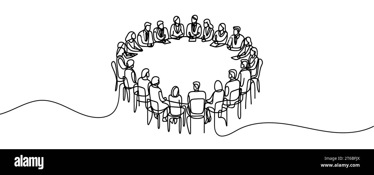 group of people sitting in a circle for a discussion or meeting drawn