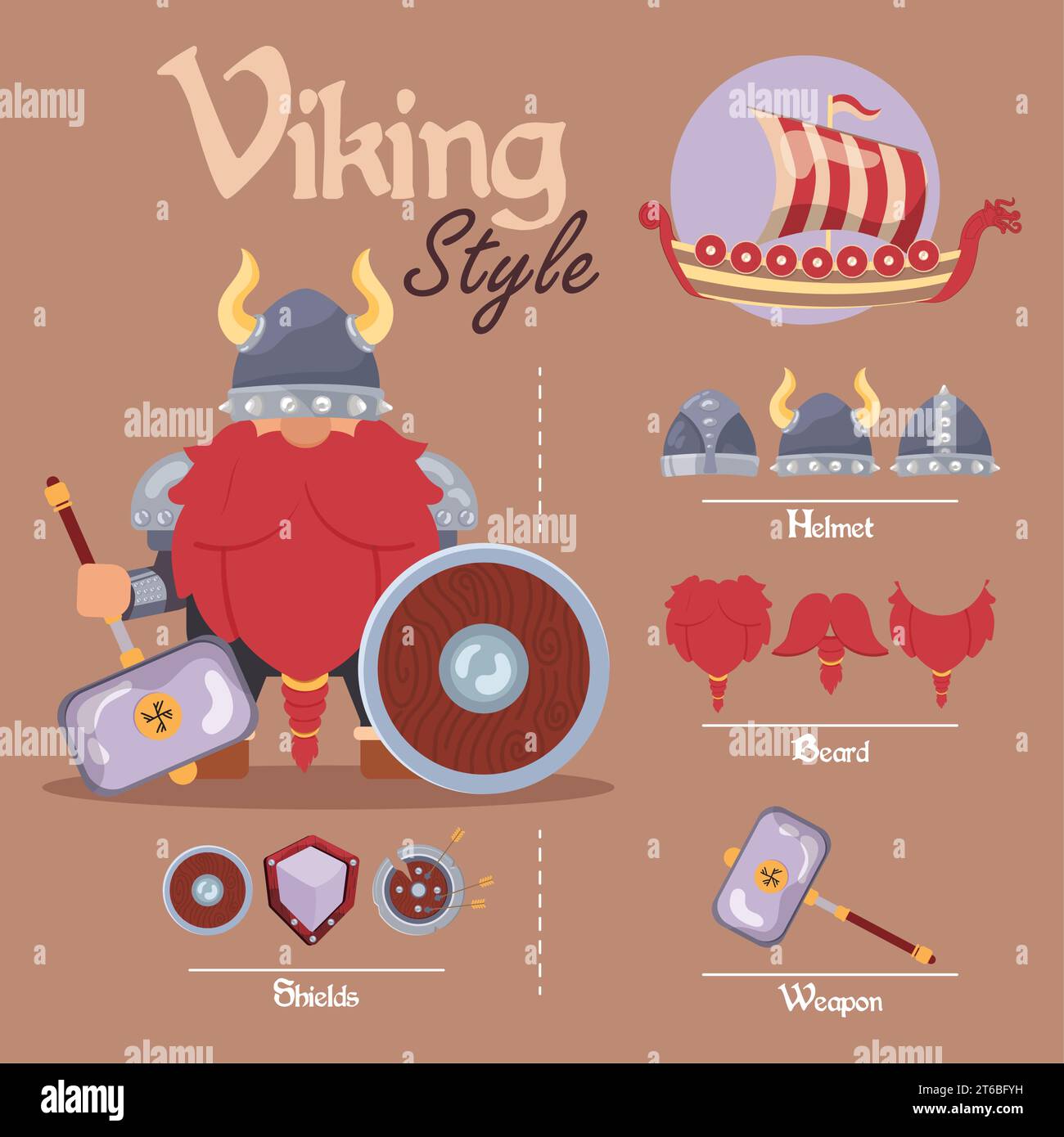 Cute viking male character asset with weapons and helmets Vector Stock Vector