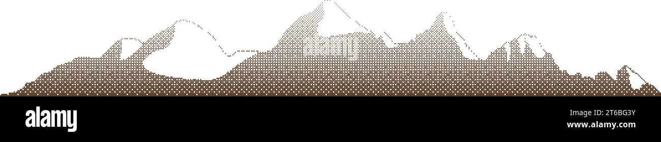 Halftone mountain landscape with pixel pattern. Widescreen background with rocks covered with snow. Screentone gradient in shades of grey Stock Vector