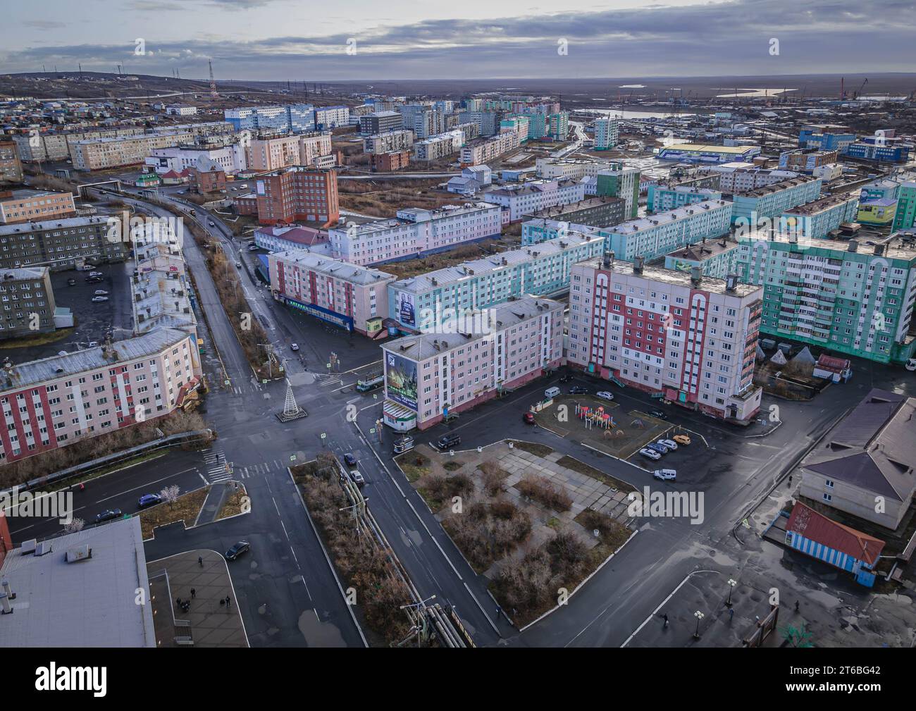 The aerial photo of Dudinka city, a northern port on Yenisey river at Krasnoyarsk krai, Russia, with the Soviet-style apartment buildings, and streets Stock Photo