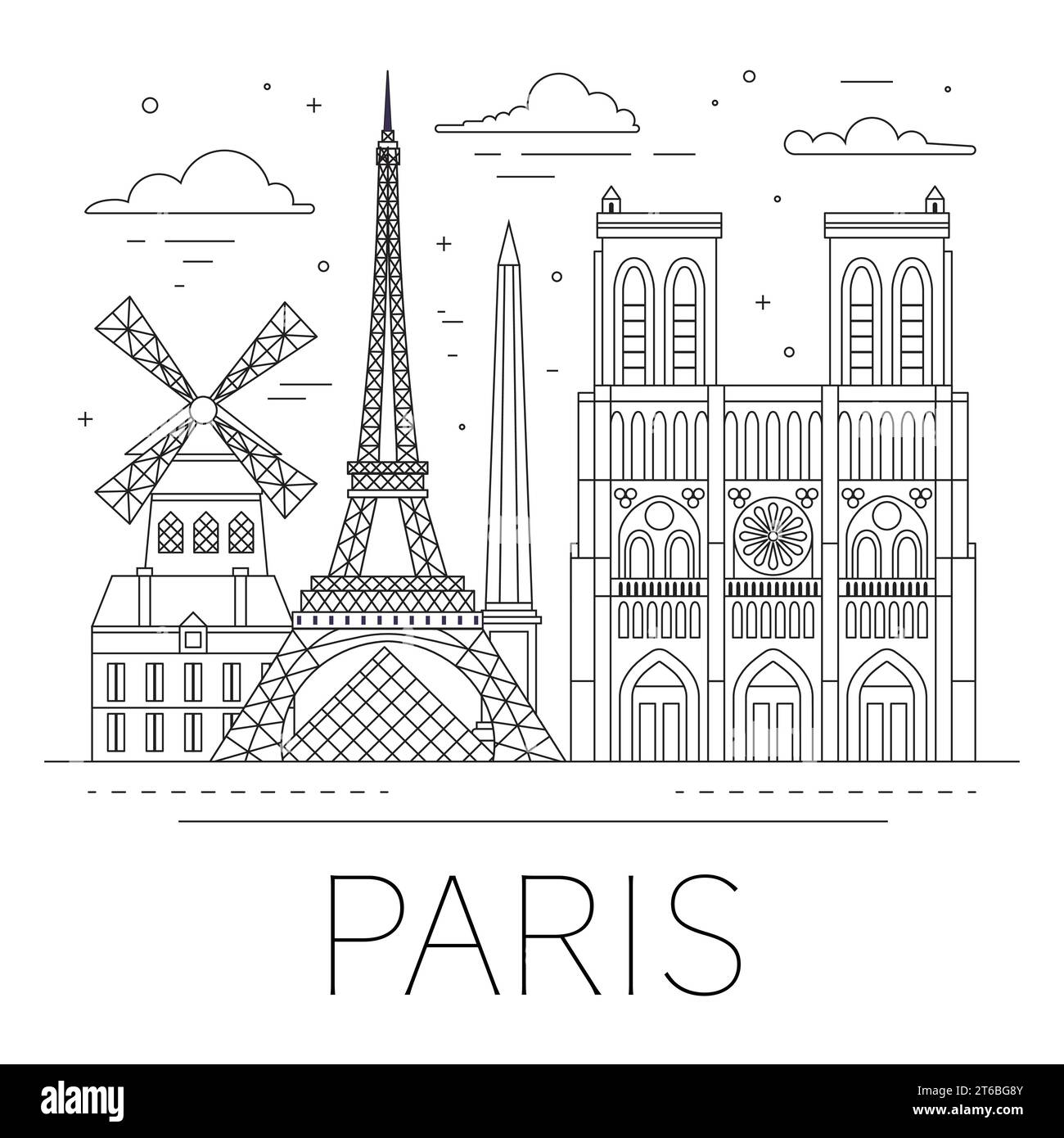 Paris City Skyline with Landmarks in Line Art Stock Vector