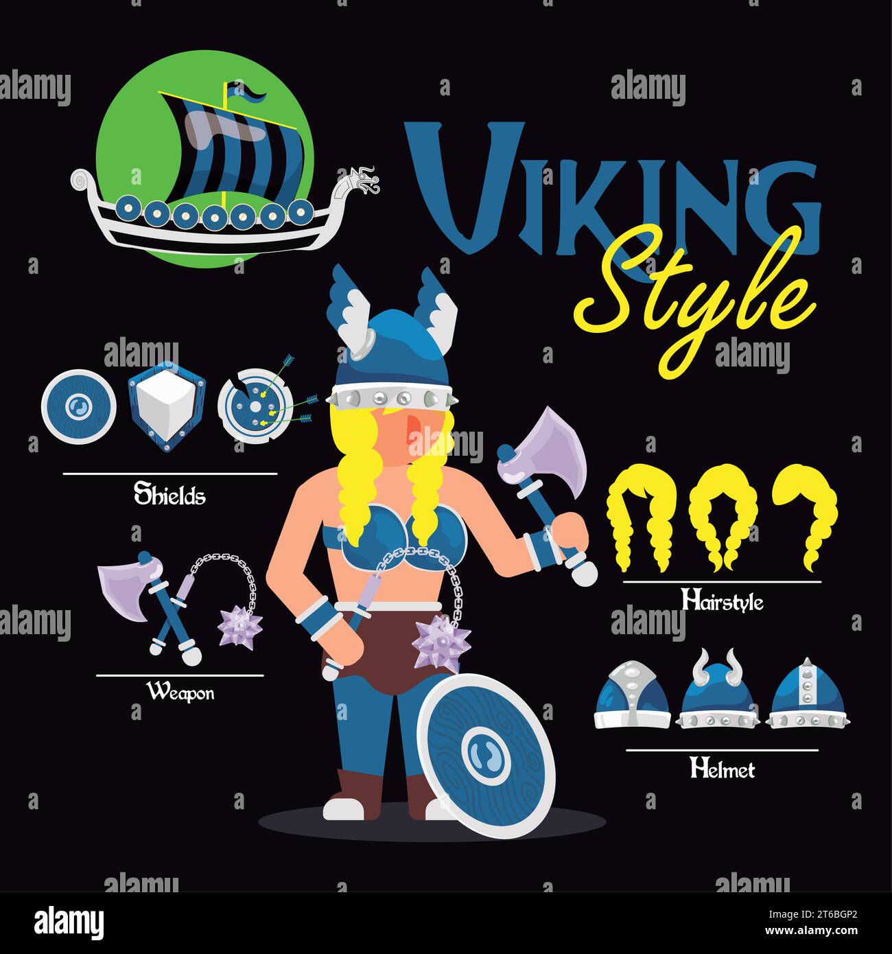 Cute viking female character asset with weapons and helmets Vector
