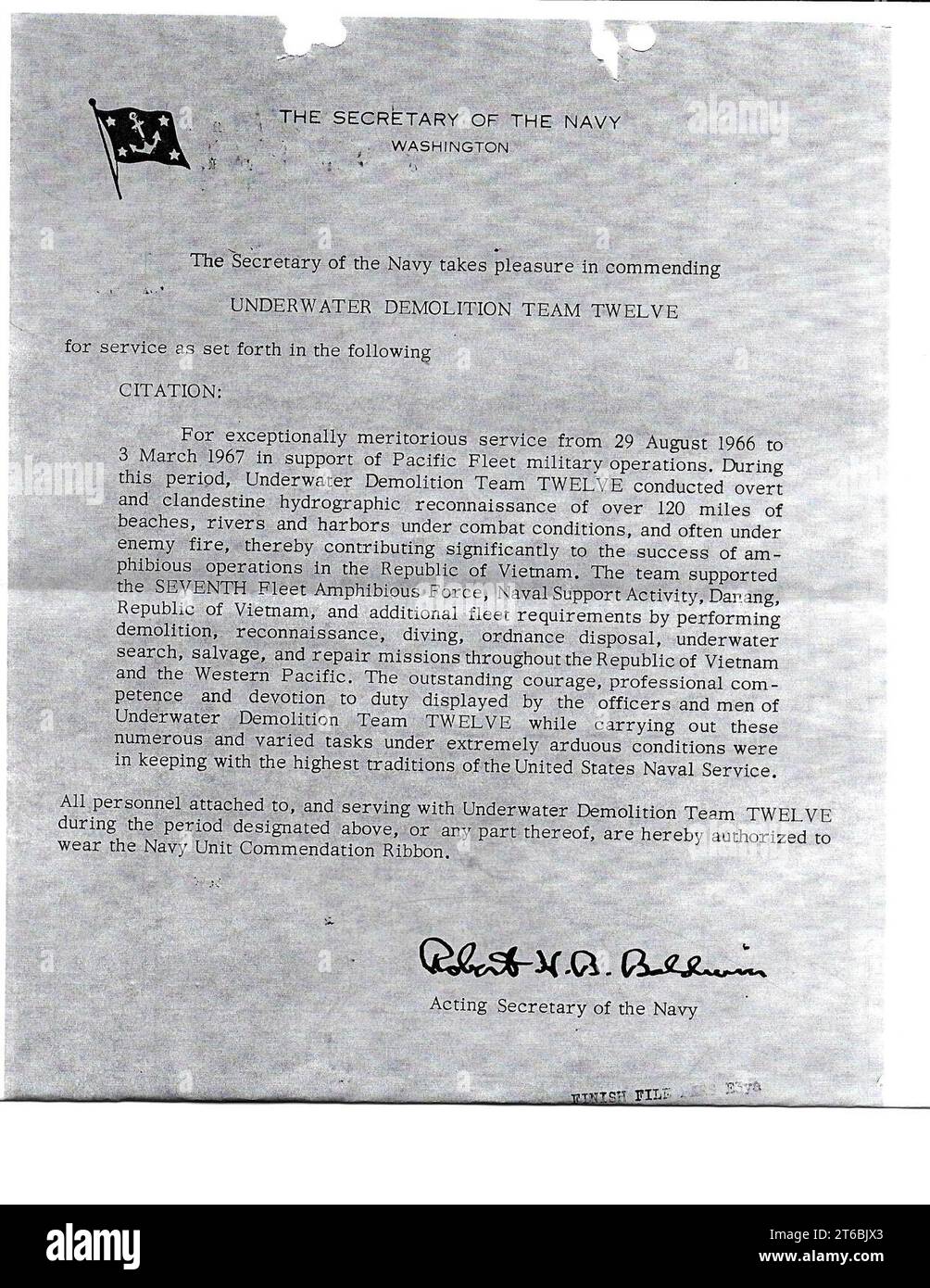 USN Underwater Demolition Team TWELVE commendation 1967 Stock Photo Alamy