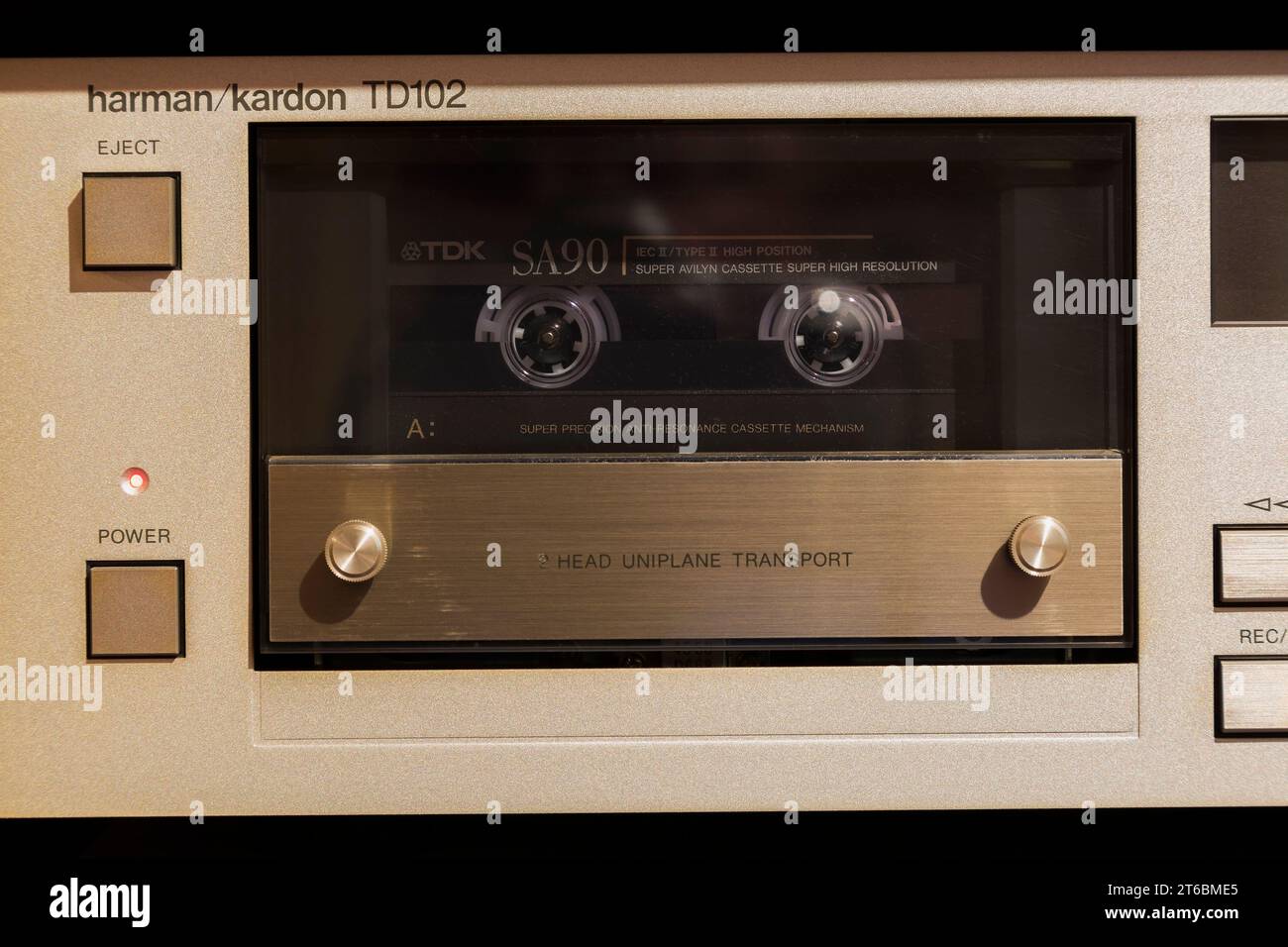 Harmon Kardon TD102 Cassette Deck with inserted TDK SA90 cassette. Stock Photo