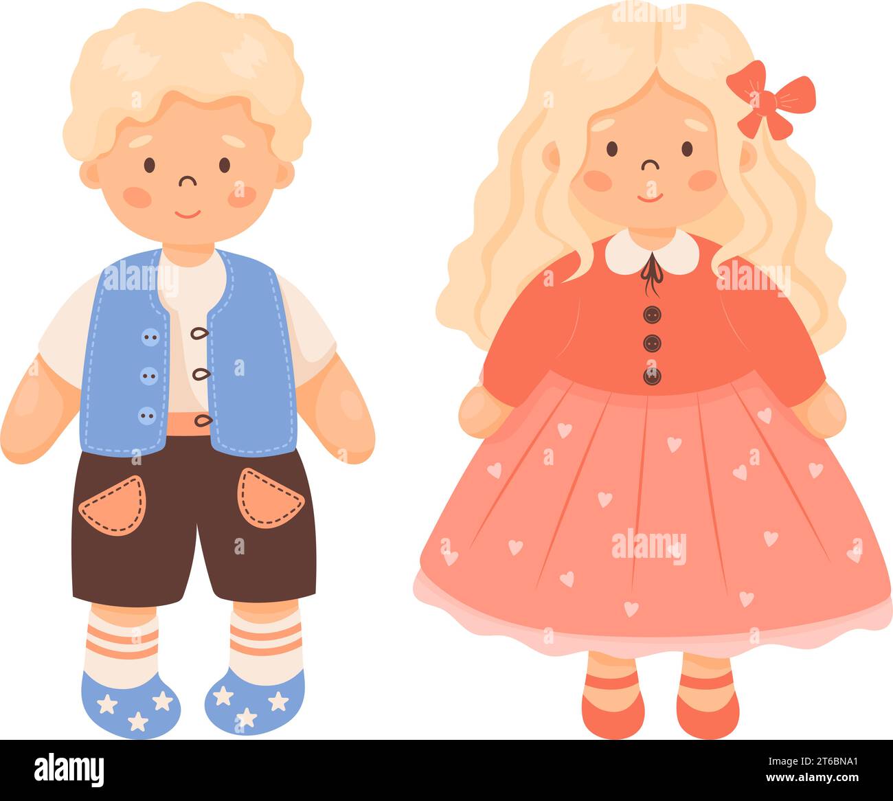 Children toy doll. Cute pair of blond baby. Curly girl with long hair in red dress and boy in vest and shorts. Vector illustration in cartoon style. I Stock Vector