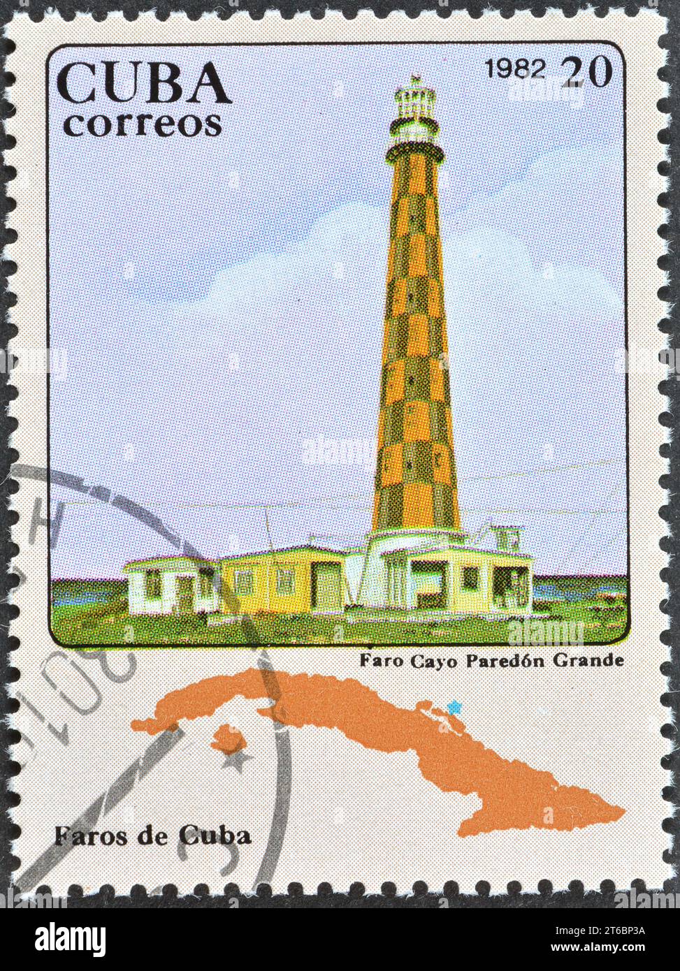 Cancelled postage stamp printed by Cuba, that shows 'Cayo Paredon Grande', Camagüey lighthouse, circa 1982. Stock Photo