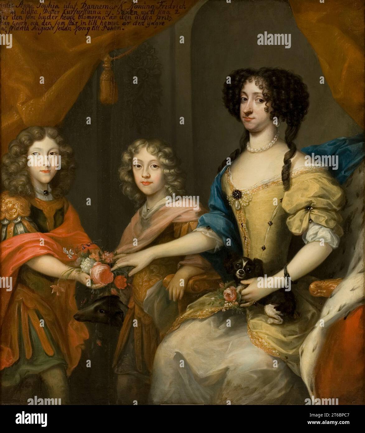 Anna Sofia of Denmark with her sons, late 17th-early 18th century. Anna Sofia (1647-1717), princess of Denmark, electress of Saxony, her sons Johann Georg IV, (1668-1697), elector of Saxony, and Friedrich August I / August II the strong, (1670-1733), elector of Saxony, king of Poland. Attributed to David von Krafft Stock Photo