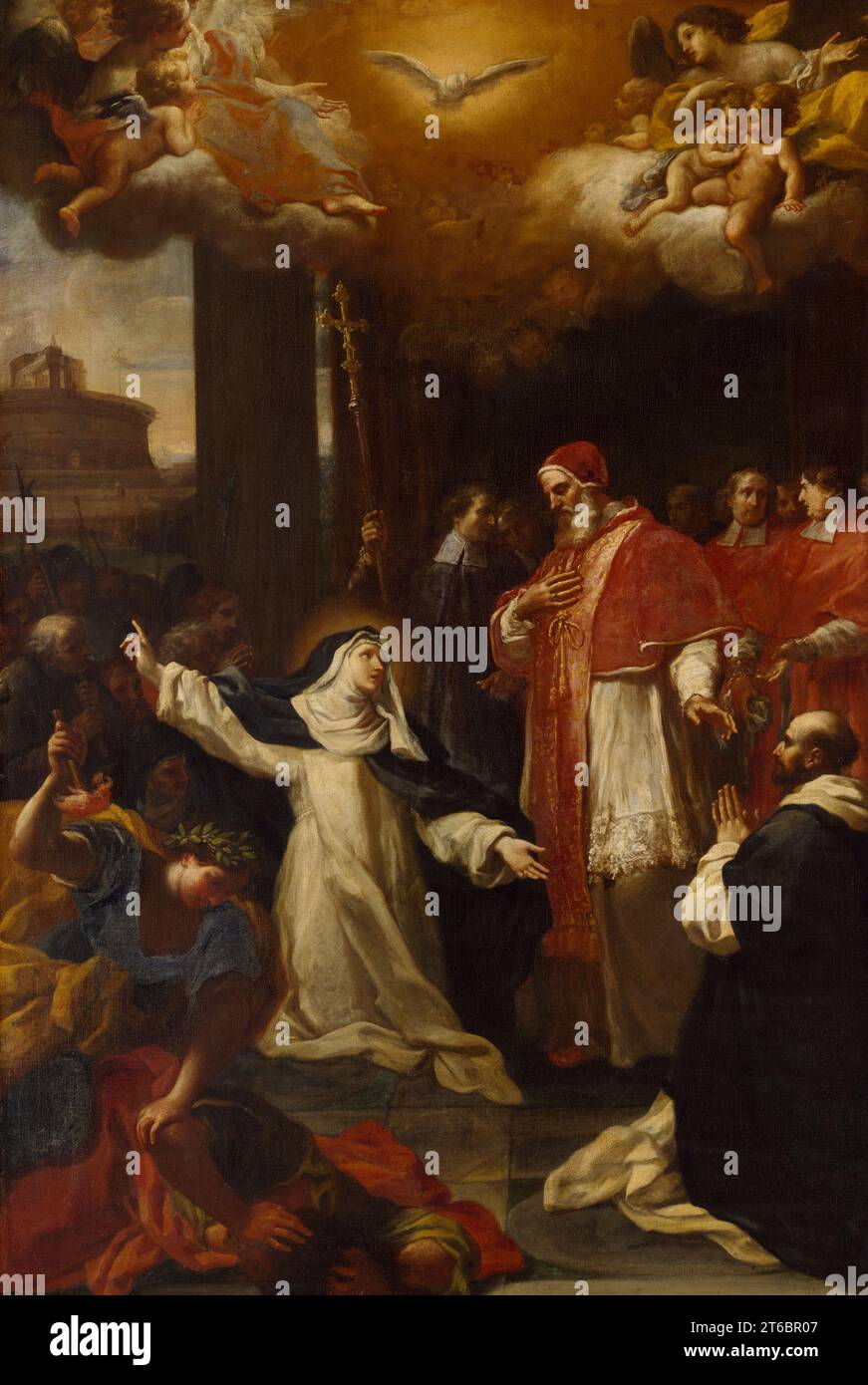 St Catherine Imploring Pope Gregory XI to Return from Avignon to Rome, early-mid 18th century. Catherine is persuading the Pope to return to Rome to end the 'Avignon Papacy' (the period when Avignon was the capital of the papal state); the Eternal City appears as a vision on the horizon. Gregory XI is portrayed with a hand on his chest, looking down, in the act of making a solemn resolution before the cardinals in the background. A crowd of people is trying to enter the palace, and an allegorical depiction (possibly to be identified as Wisdom overcoming Ignorance) closes the image to the left. Stock Photo