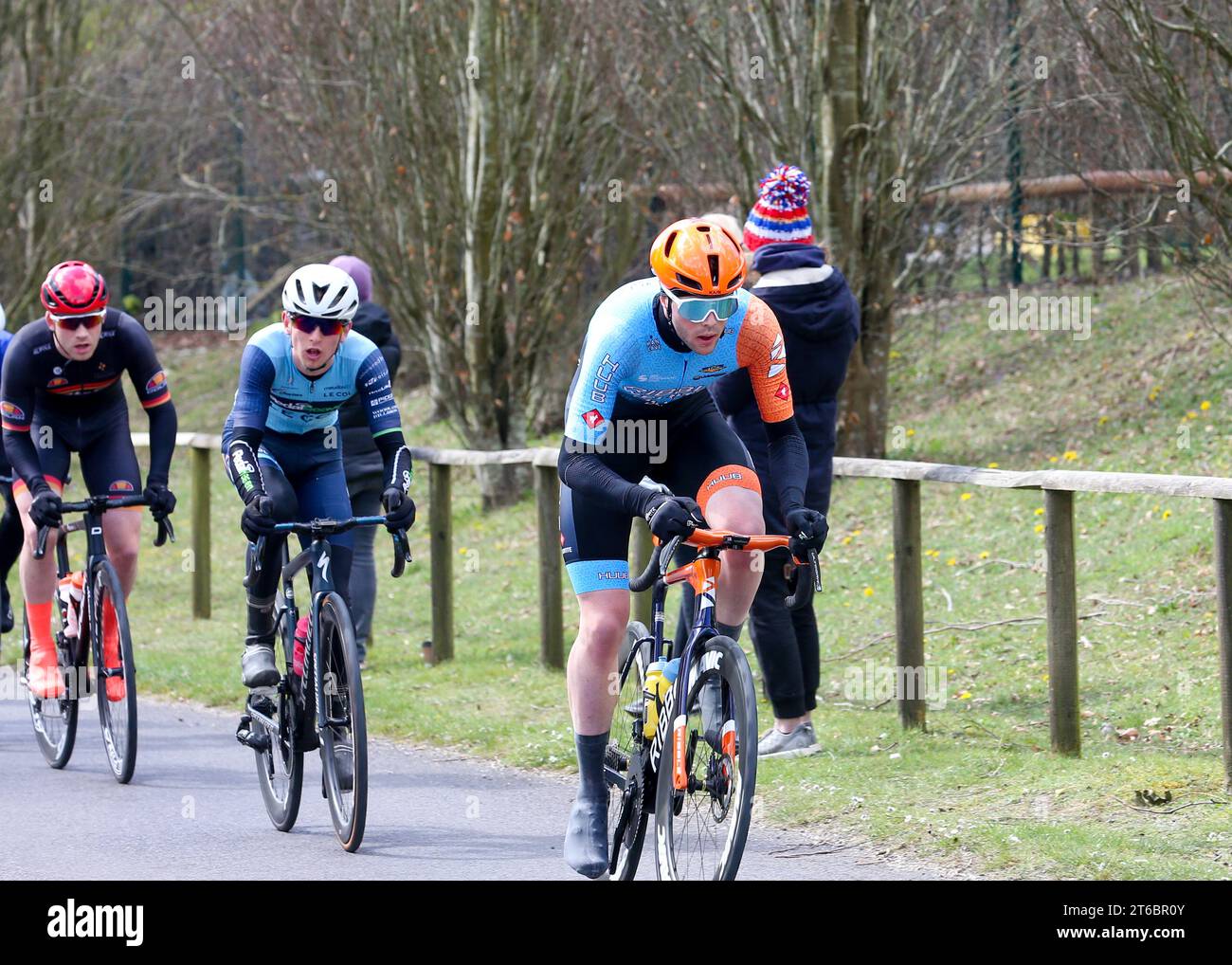 Zeb Kyffin, riding for Ribble Weldtite, pushes the pace as the lead group cross the finish line with one lap to go round the tough roads of the Goodwo Stock Photo