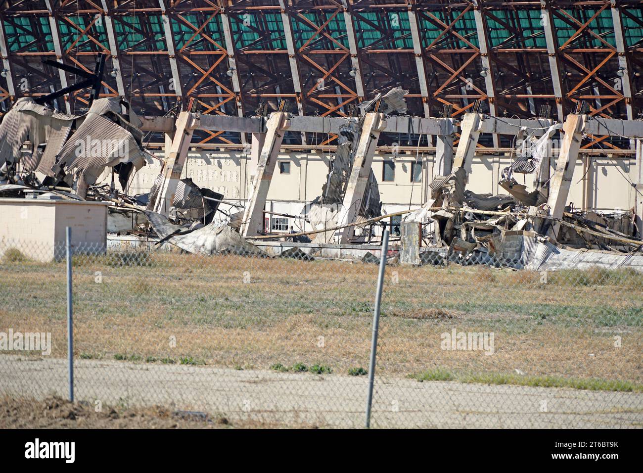 Navy blimp hanger after being destroyed by fire Stock Photo