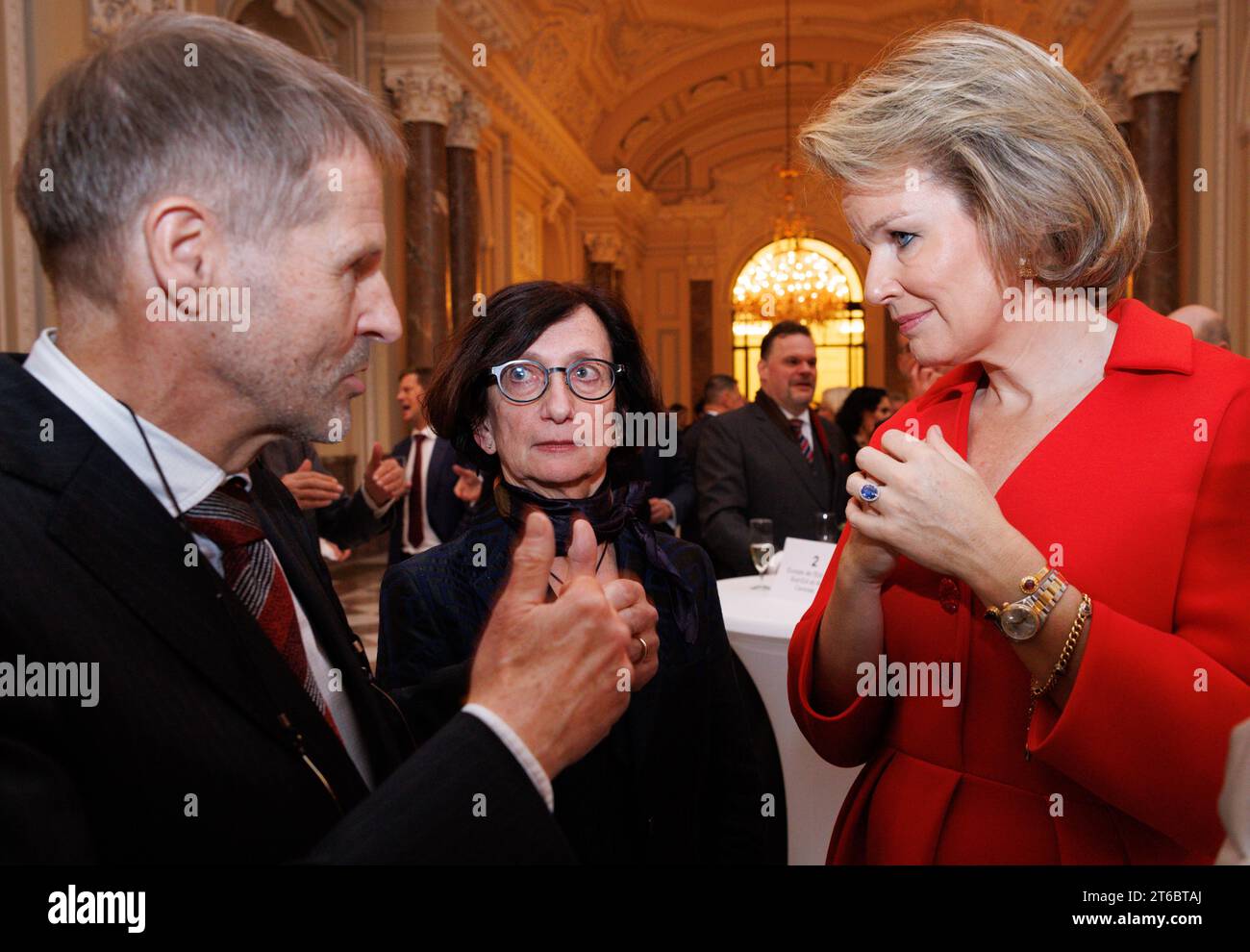 Brussels, Belgium. 09th Nov, 2023. Queen Mathilde of Belgium (R) talks to Belgian Ambassador to Russia Marc Michielsen and his wife during a reception of the Belgian diplomats during the Diplomatic Contact Days 2023, at the Royal Castle in Laken/ Laeken, Brussels, Thursday 09 November 2023. BELGA PHOTO BENOIT DOPPAGNE Credit: Belga News Agency/Alamy Live News Stock Photo