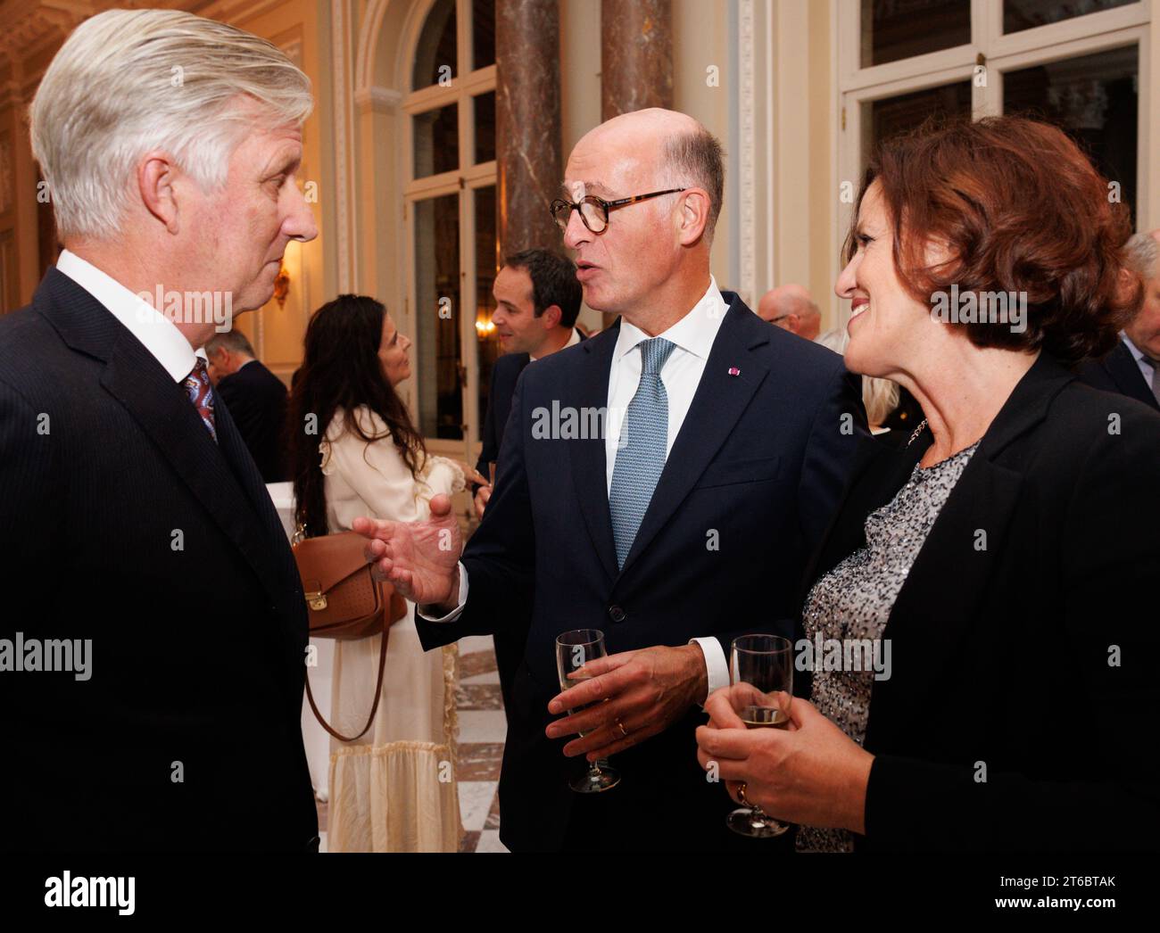 Brussels, Belgium. 09th Nov, 2023. King Philippe - Filip of Belgium (L) talks to Belgian ambassador to Italy Pierre Emmanuel De Bauw and his wife during a reception of the Belgian diplomats during the Diplomatic Contact Days 2023, at the Royal Castle in Laken/ Laeken, Brussels, Thursday 09 November 2023. BELGA PHOTO BENOIT DOPPAGNE Credit: Belga News Agency/Alamy Live News Stock Photo