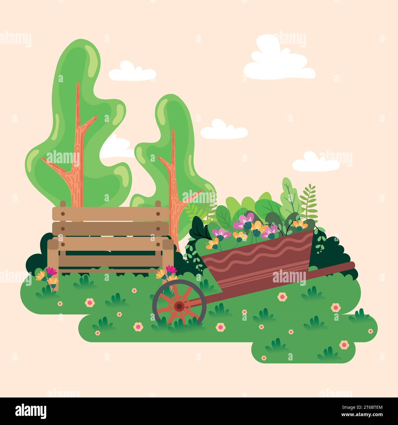 Cute flat style garden with a wheelbarrow Vector Stock Vector Image ...