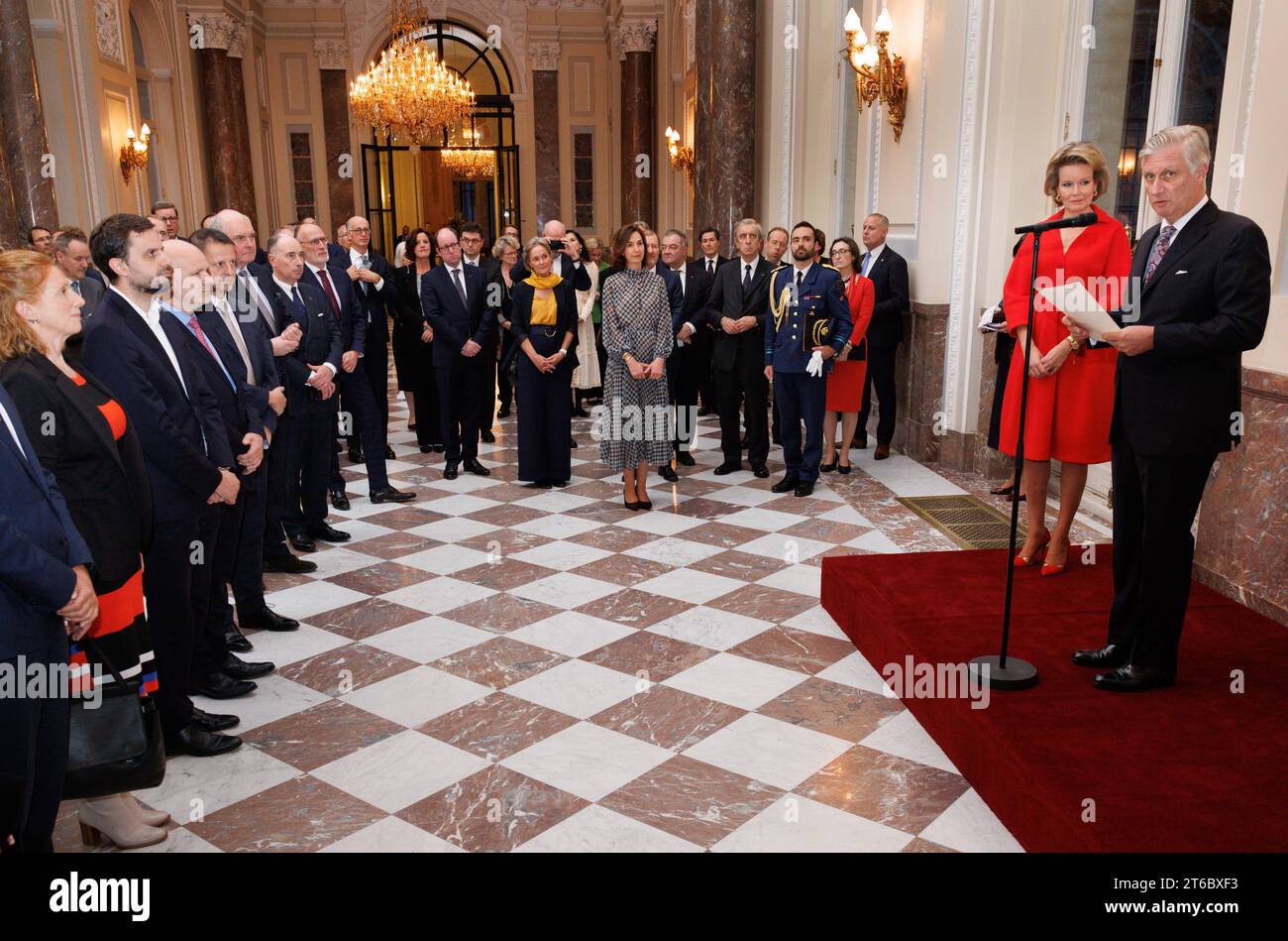 Brussels, Belgium. 09th Nov, 2023. King Philippe - Filip of Belgium and Queen Mathilde of Belgium pictured during a reception of the Belgian diplomats during the Diplomatic Contact Days 2023, at the Royal Castle in Laken/ Laeken, Brussels, Thursday 09 November 2023. BELGA PHOTO BENOIT DOPPAGNE Credit: Belga News Agency/Alamy Live News Stock Photo