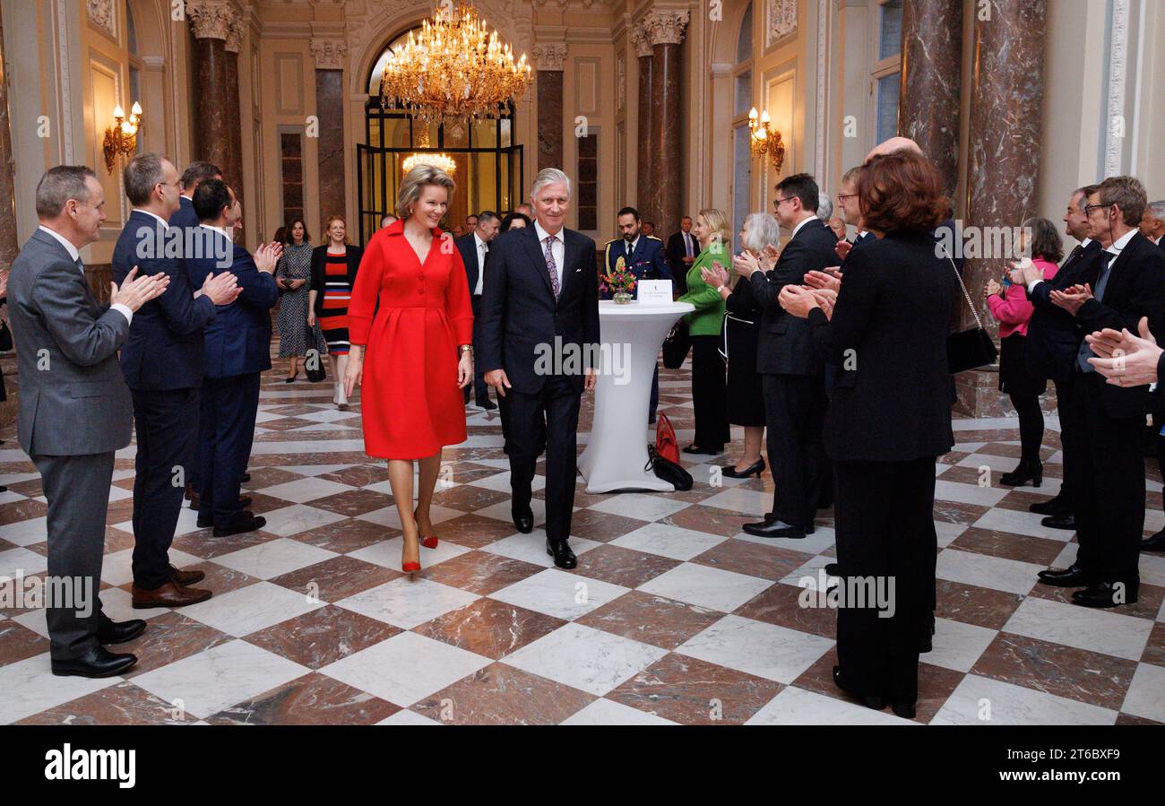 Brussels, Belgium. 09th Nov, 2023. King Philippe - Filip of Belgium and Queen Mathilde of Belgium pictured during a reception of the Belgian diplomats during the Diplomatic Contact Days 2023, at the Royal Castle in Laken/ Laeken, Brussels, Thursday 09 November 2023. BELGA PHOTO BENOIT DOPPAGNE Credit: Belga News Agency/Alamy Live News Stock Photo