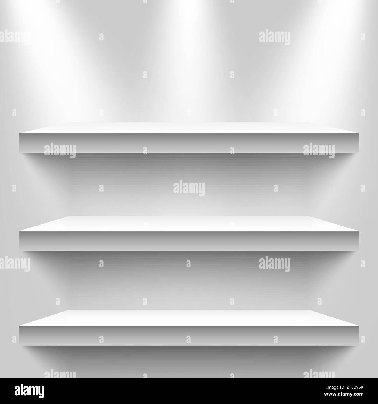 Three light sources with shelves on the light grey wall background