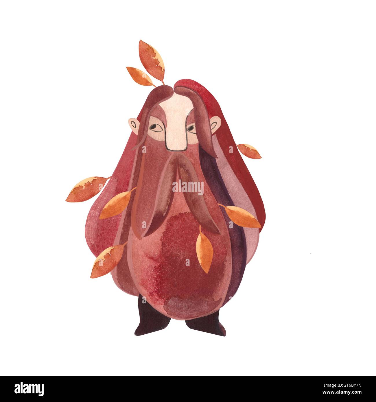 An old gnome with orange autumn leaves tangled in his brown beard. Clipart. Isolated watercolor hand drawn illustration on white background. Fairy tal Stock Photo