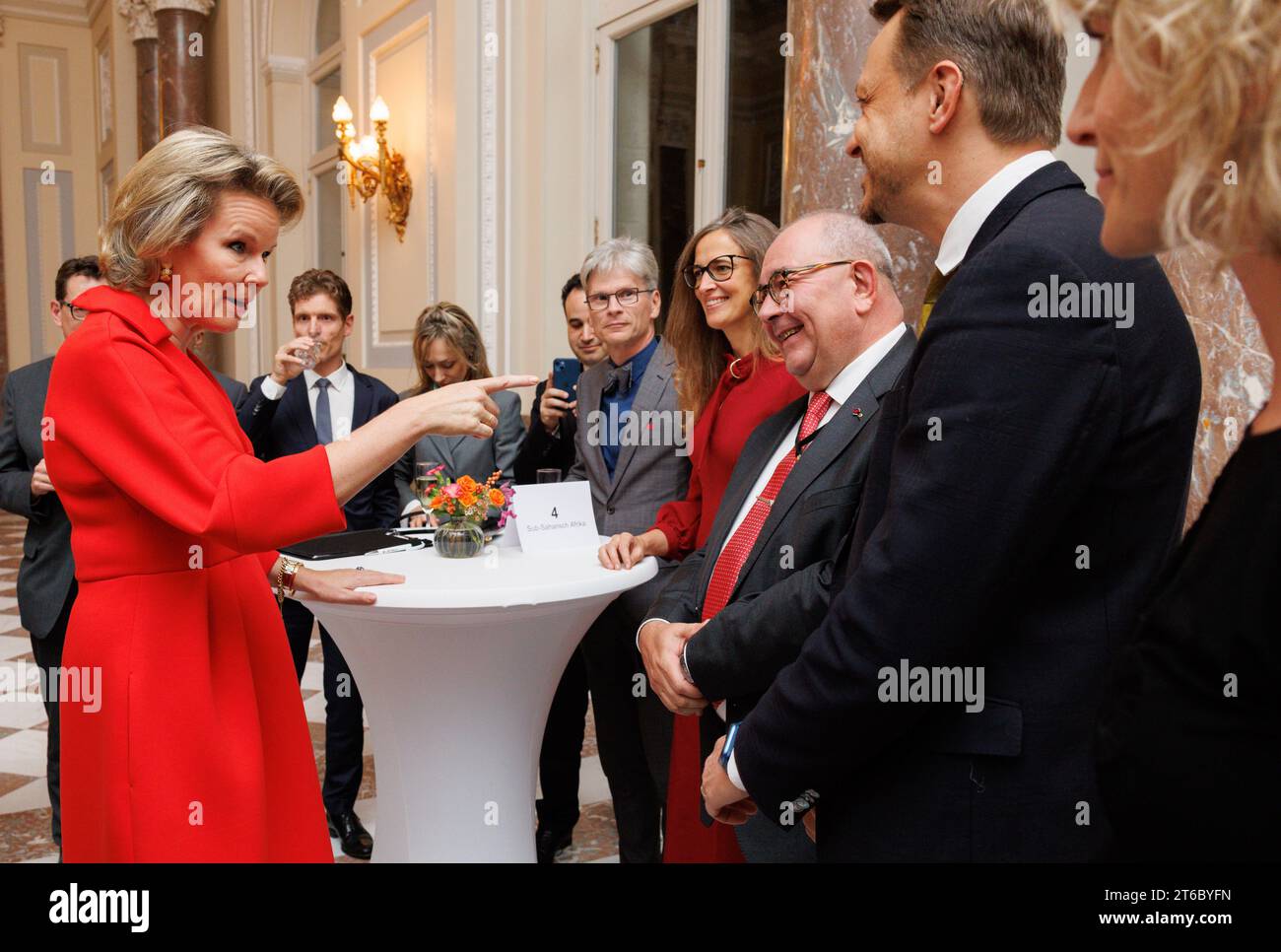Brussels, Belgium. 09th Nov, 2023. Queen Mathilde of Belgium (L) talks