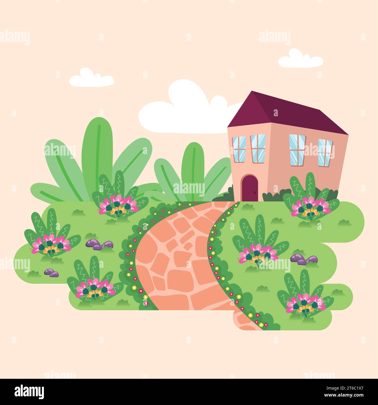 Flat style cute garden with a house building Vector Stock Vector Image ...