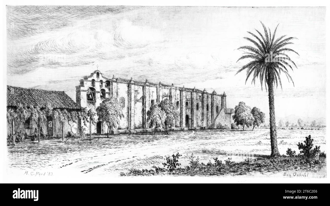 Mission San Gabriel, Published in 1883. From Etchings of the Franciscan Missions of California. Stock Photo