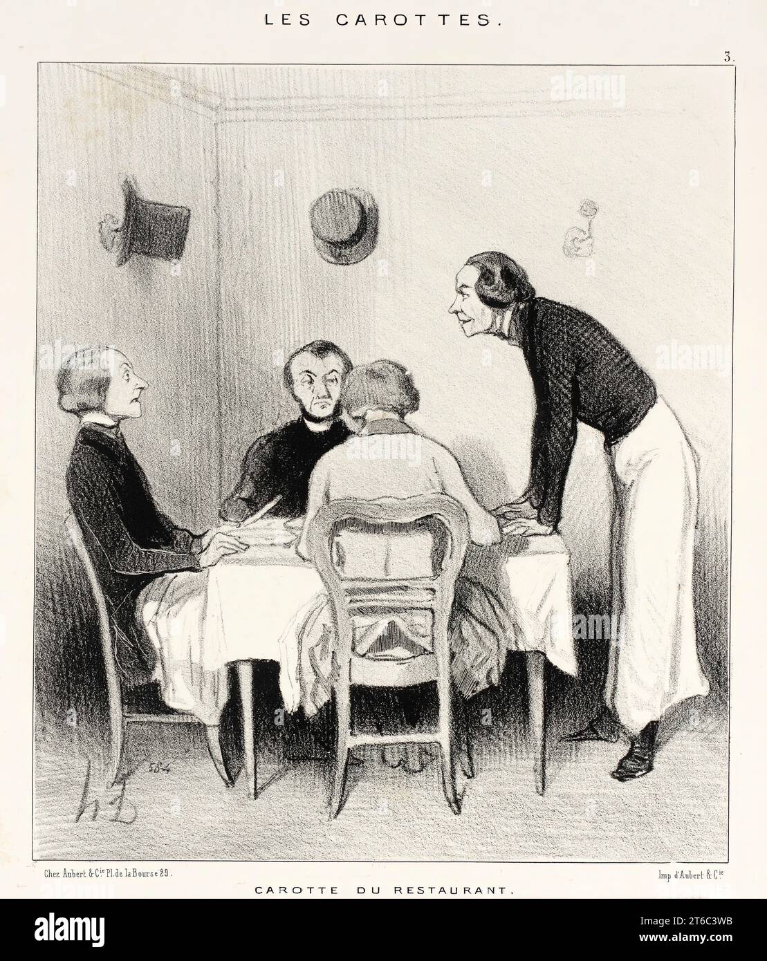 Carotte du Restaurant, 1844. - 'J'offrirai &#xe0; monsieur un petit diner distingu&#xe9; et pas cher'. - 'Tr&#xe8;s bien!' - 'Six douzaines marennes, haut Soterne comme monsieur prend toujours; bisque d'&#xe9;crevisses, barbue, chevreuil, Bordeaux-laffitte...' - 'Diable! Dites donc...' - 'A douze francs, comme la derni&#xe8;re fois, un petit faisan, asperges, un soufl&#xe9; et du Sillery frapp&#xe9;, comme monsieur le prend toujours'. Etonn&#xe9;, &#xe9;bloui, vex&#xe9;, flatt&#xe9;; l'amphitrion est enfonc&#xe9;. Waiter: 'May I offer the gentleman a distinguished and inexpensive dinner'. Dine Stock Photo
