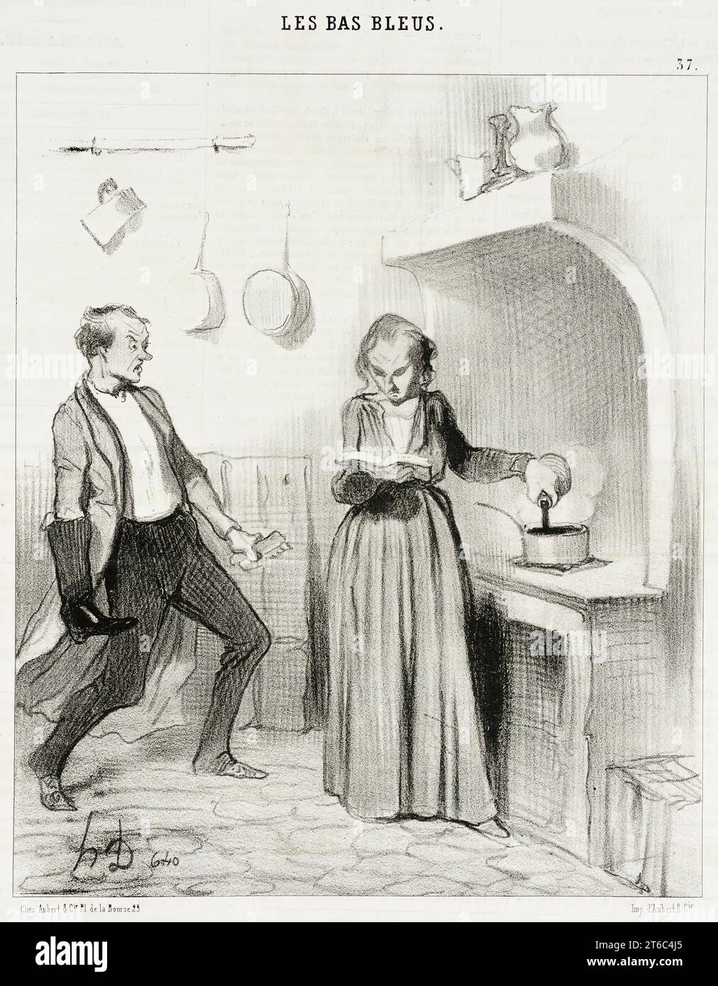 Allons bon!...la v'là qui...verse du cirage dans mon chocolat!..., 1844. 'Allons bon!...la v'là qui au lieu de lait, verse du cirage dans mon chocolat!...satané roman va!...'. Exasperated husband: 'Ah marvellous!...instead of milk, she pours shoe polish into my chocolate!...that damn novel!...'. Satirical criticism of women with interests outside housework. From Les Bas-bleus, no. 37. Stock Photo