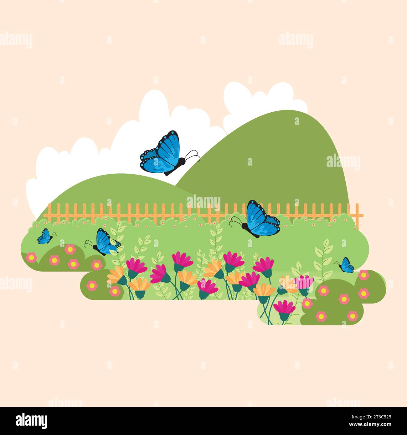 Cute flat style garden with flowers and butterflies Vector Stock Vector ...