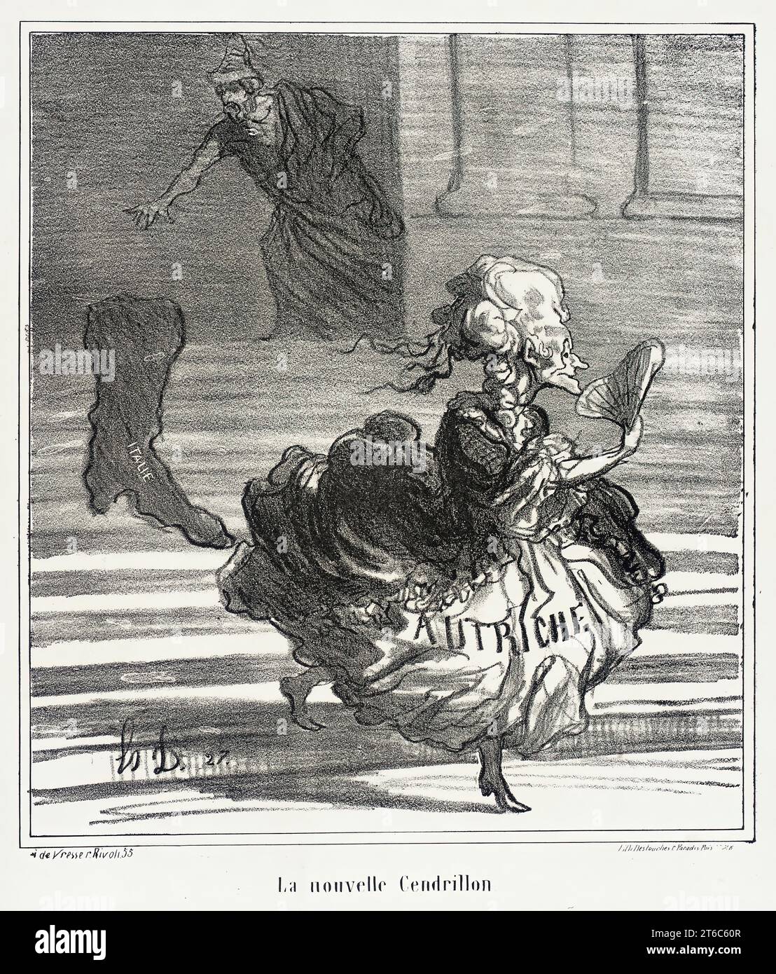 La nouvelle Cendrillon, 1866. The new Cinderella. Allegorical figure of Austria running from the Italian boot. From Actualit&#xe9;s. Stock Photo