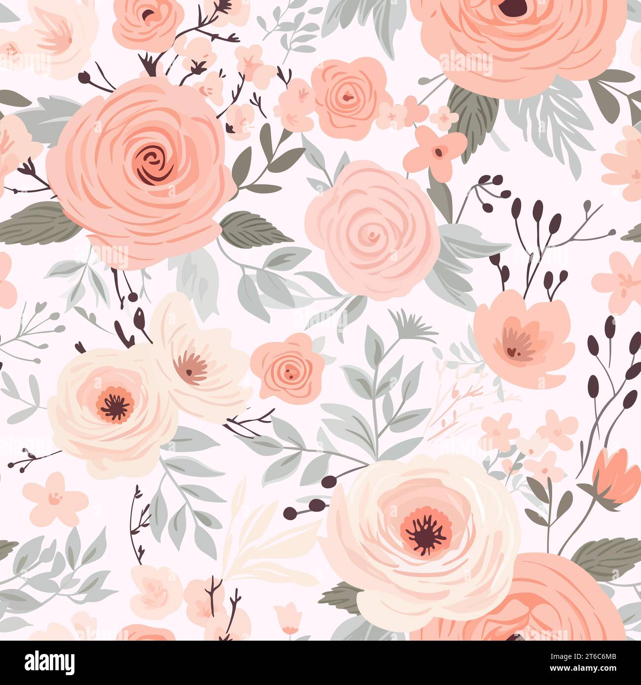 Seamless delicate pattern with ivory roses and powder pink roses on white. Wedding mood background in pastel colors. Vector format. Stock Vector