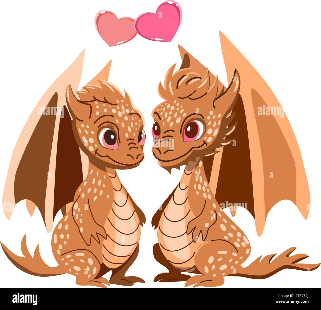 Cute cartoon dragon couple in love. Vector illustration isolated on white background. Stock Vector