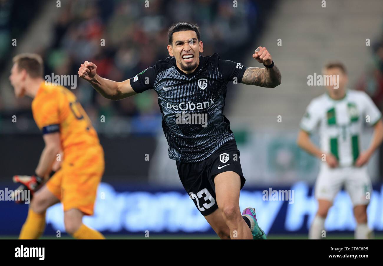 Amer Gojak of Ferencvarosi TC celebrates after scoring a goal with