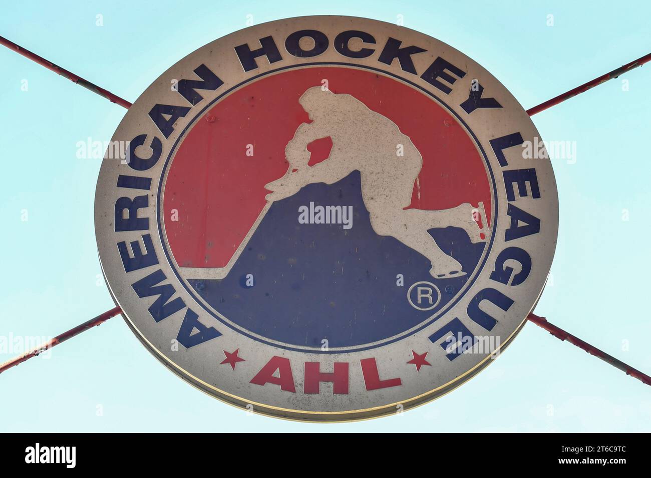 The AHL sign hangs outside of the Wilkes-Barre Scranton Penguins training center. After the death of Ice Hockey player Adam Johnson players in the AHL wear neck guards for protection. Wilkes-Barre Penguins players practiced Wednesday wearing them. Stock Photo