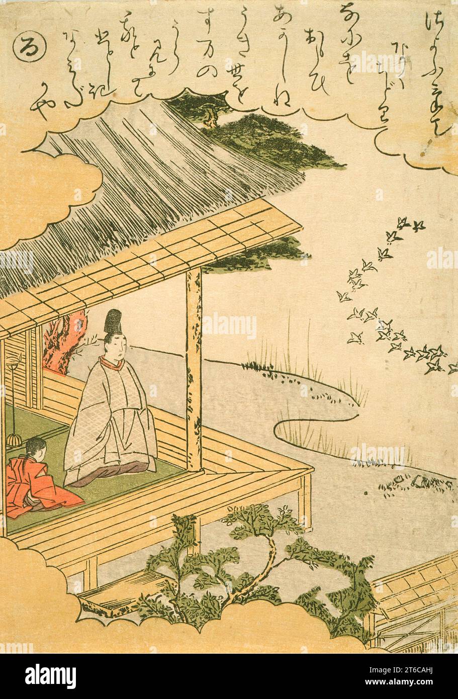 Narihira at the Sumida River Watching Capital Birds, c1766. From Tales of Ise in Iroha Order. Stock Photo