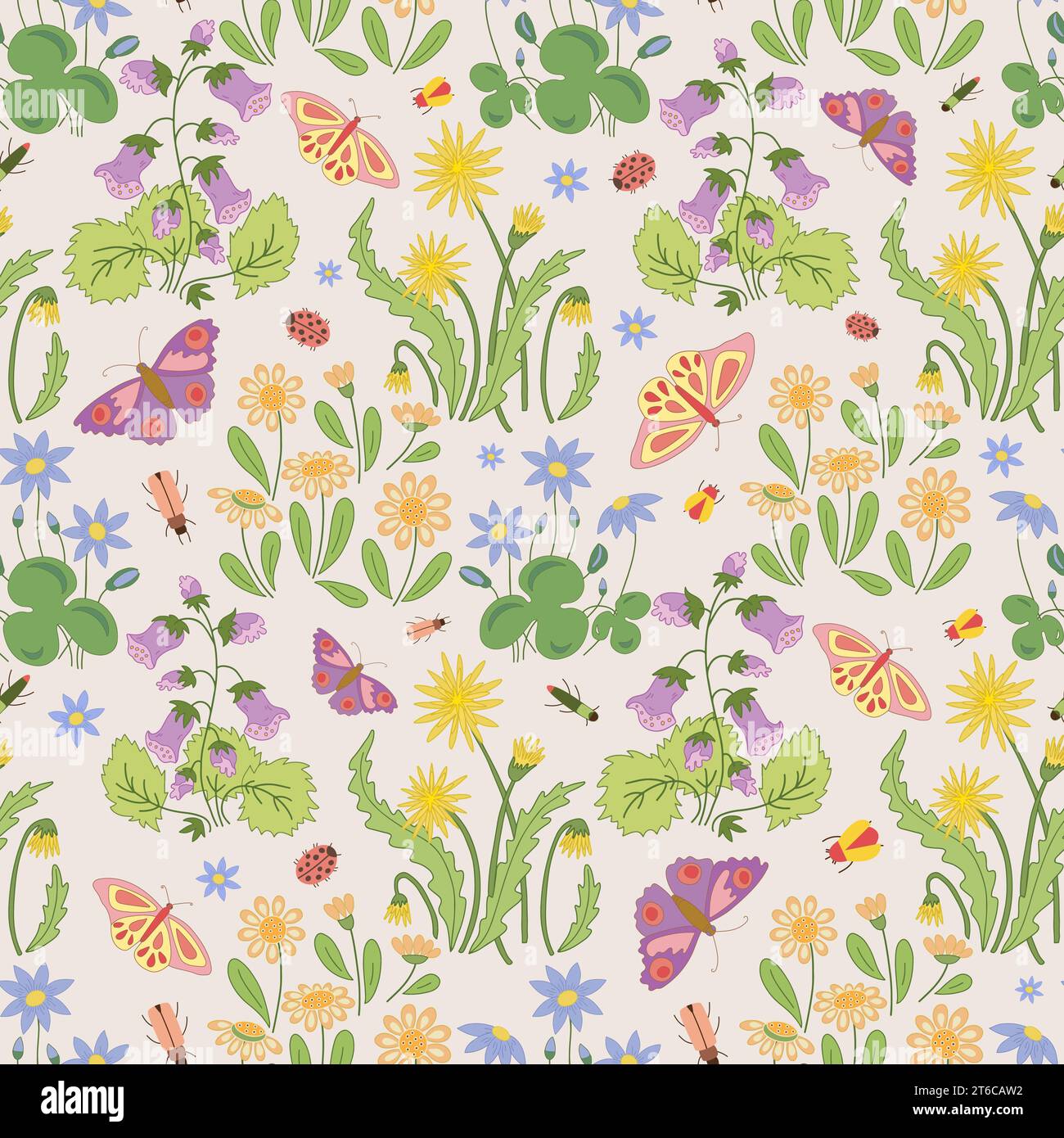 Millefleurs seamless pattern. Hand drawn wild flowers and butterflies ...