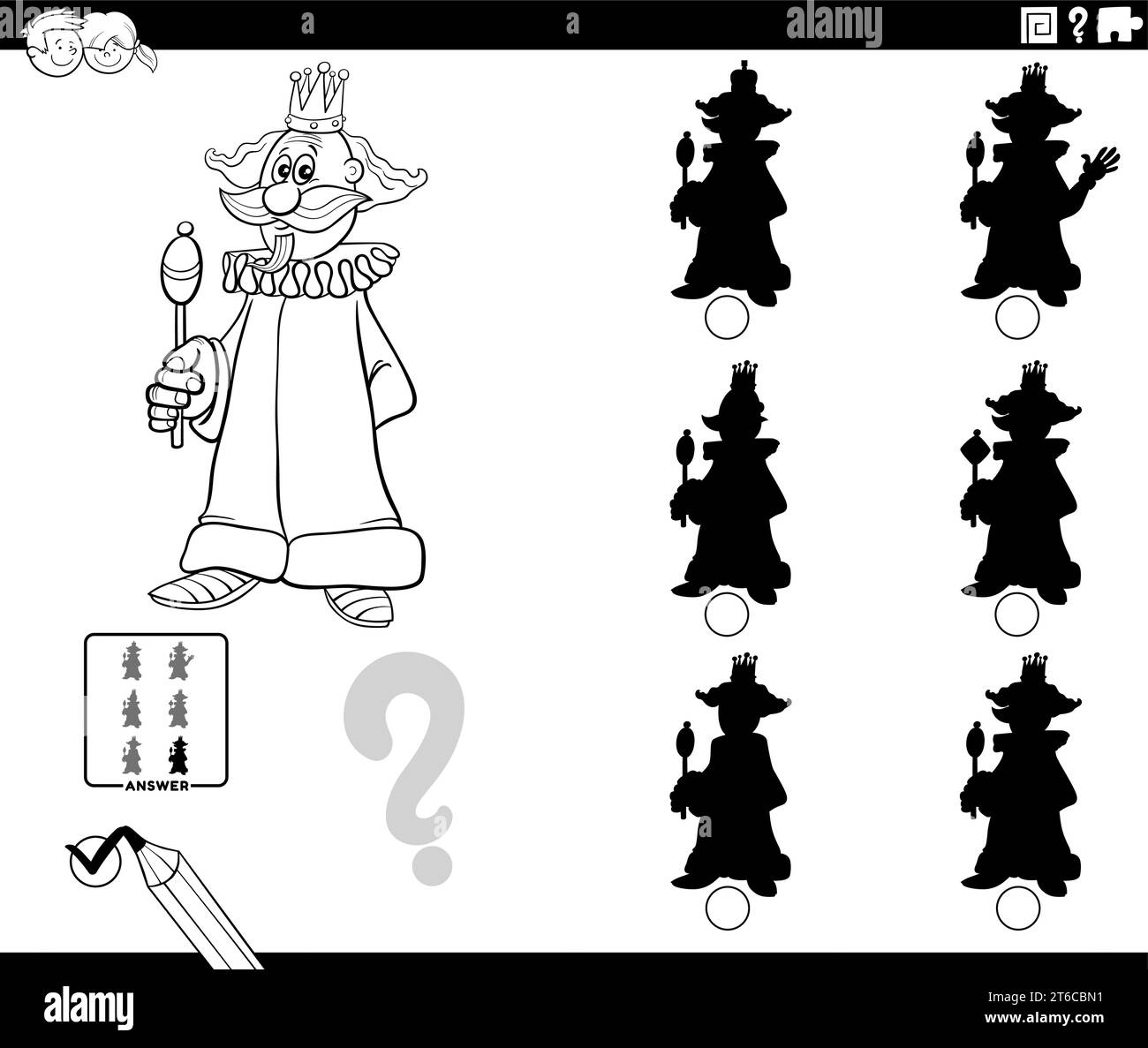 cartoon illustration of finding the right picture to the shadow educational game with king character coloring page Stock Vector