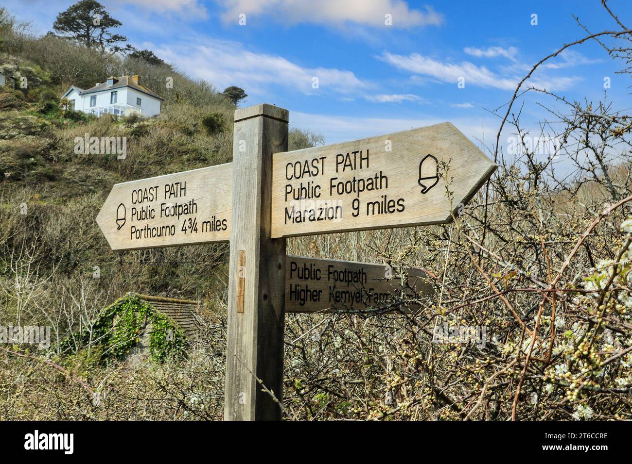 A wooden sign post on the South West Coast Path, Lamorna Cove, Cornwall, West Country, England, UK Stock Photo