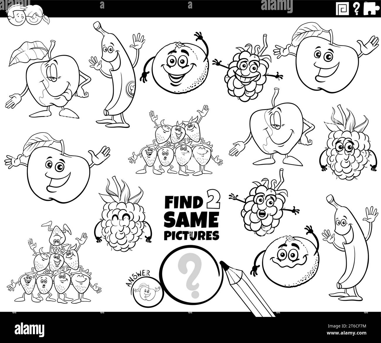 Cartoon illustration of finding two same pictures educational activity with fruit characters coloring page Stock Vector
