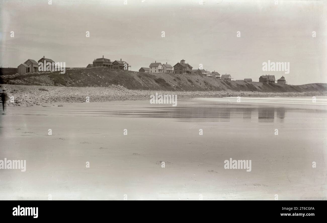 Antique circa 1885 photograph, houses on Dover Bluff from Long Sands Beach in Cape Neddick, York