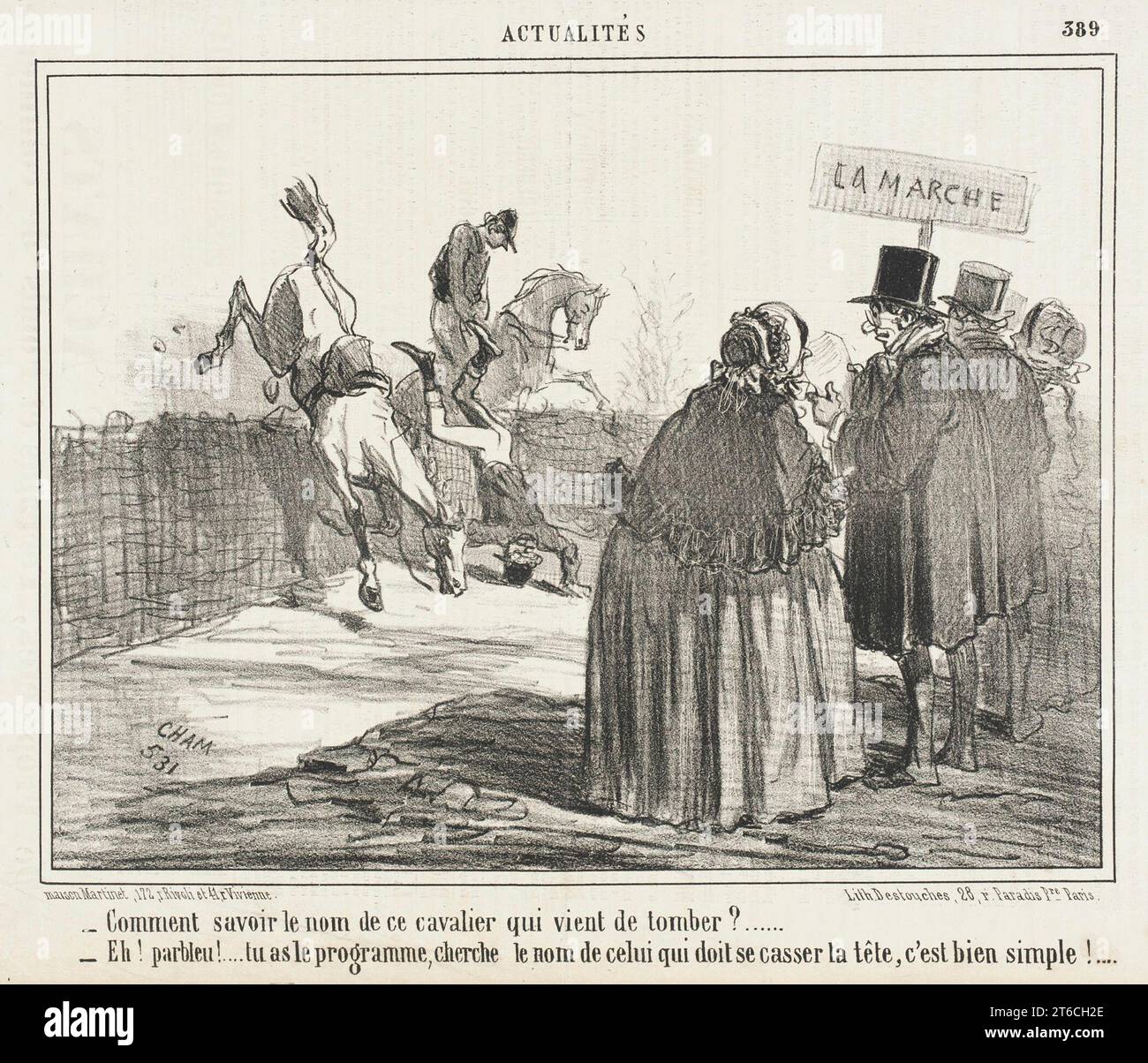Comment savoir le nom de ce cavalier qui vient de tomber?..1857. Periodical: Le Charivari, Tuesday, 21 April 1857.How To Know The Name Of That Rider Who Just Fell?.. Stock Photo