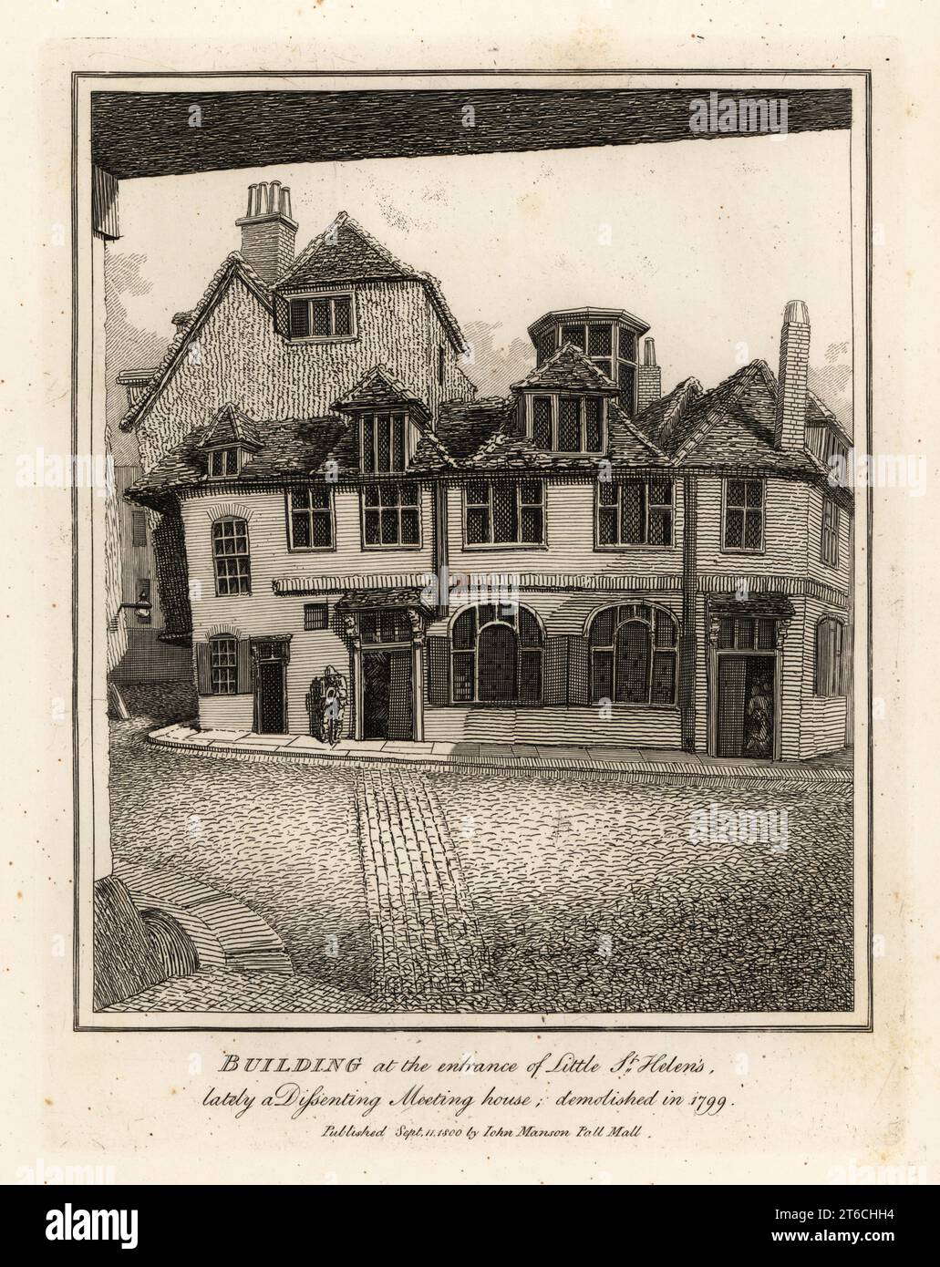 Building at the entrance of Little St. Helens, lately a Dissenting Meeting House, demolished in 1799. Old timber frame Tudor house on cobbled street. Copperplate engraving by John Thomas Smith after original drawings by members of the Society of Antiquaries from his J.T. Smiths Antiquities of London and its Environs, J. Sewell, R. Folder, J. Simco, London, 1791. Stock Photo